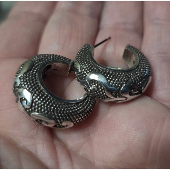 BRIGHTON Chunky Silver Hoop Earrings Swirl Design Beading Steampunk - Picture 9 of 13